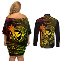 Hawaii Couples Matching Off Shoulder Short Dress and Long Sleeve Button Shirts Shaka Tattoo Mix Polynesian Plumeria Reggae Version - Wonder Print Shop