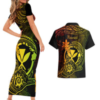 Hawaii Couples Matching Short Sleeve Bodycon Dress and Hawaiian Shirt Shaka Tattoo Mix Polynesian Plumeria Reggae Version - Wonder Print Shop