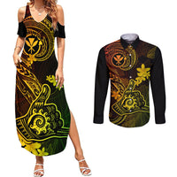 Hawaii Couples Matching Summer Maxi Dress and Long Sleeve Button Shirts Shaka Tattoo Mix Polynesian Plumeria Reggae Version - Wonder Print Shop