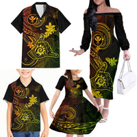 Hawaii Family Matching Off Shoulder Long Sleeve Dress and Hawaiian Shirt Shaka Tattoo Mix Polynesian Plumeria Reggae Version - Wonder Print Shop