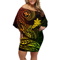 Hawaii Family Matching Off Shoulder Short Dress and Hawaiian Shirt Shaka Tattoo Mix Polynesian Plumeria Reggae Version - Wonder Print Shop