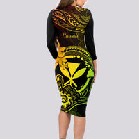 Hawaii Long Sleeve Bodycon Dress Shaka Tattoo Mix Polynesian Plumeria Reggae Version - Wonder Print Shop