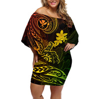 Hawaii Off Shoulder Short Dress Shaka Tattoo Mix Polynesian Plumeria Reggae Version - Wonder Print Shop