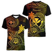 Hawaii Women V Neck T Shirt Shaka Tattoo Mix Polynesian Plumeria Reggae Version - Wonder Print Shop