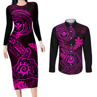 Hawaii Couples Matching Long Sleeve Bodycon Dress and Long Sleeve Button Shirts Shaka Tattoo Mix Polynesian Plumeria Pink Version - Wonder Print Shop