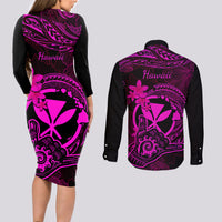 Hawaii Couples Matching Long Sleeve Bodycon Dress and Long Sleeve Button Shirts Shaka Tattoo Mix Polynesian Plumeria Pink Version - Wonder Print Shop