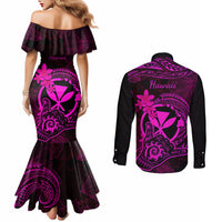 hawaii-couples-matching-mermaid-dress-and-long-sleeve-button-shirts-shaka-tattoo-mix-polynesian-plumeria-pink-version