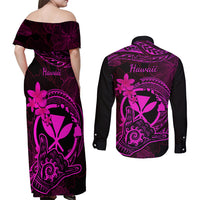 Hawaii Couples Matching Off Shoulder Maxi Dress and Long Sleeve Button Shirts Shaka Tattoo Mix Polynesian Plumeria Pink Version - Wonder Print Shop