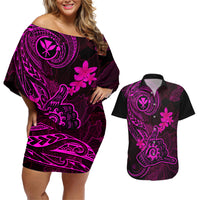 Hawaii Couples Matching Off Shoulder Short Dress and Hawaiian Shirt Shaka Tattoo Mix Polynesian Plumeria Pink Version - Wonder Print Shop