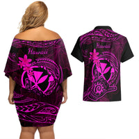 Hawaii Couples Matching Off Shoulder Short Dress and Hawaiian Shirt Shaka Tattoo Mix Polynesian Plumeria Pink Version - Wonder Print Shop