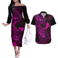 Hawaii Couples Matching Off The Shoulder Long Sleeve Dress and Hawaiian Shirt Shaka Tattoo Mix Polynesian Plumeria Pink Version - Wonder Print Shop
