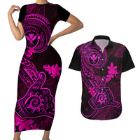 Hawaii Couples Matching Short Sleeve Bodycon Dress and Hawaiian Shirt Shaka Tattoo Mix Polynesian Plumeria Pink Version - Wonder Print Shop