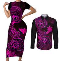 Hawaii Couples Matching Short Sleeve Bodycon Dress and Long Sleeve Button Shirts Shaka Tattoo Mix Polynesian Plumeria Pink Version - Wonder Print Shop