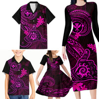 Hawaii Family Matching Long Sleeve Bodycon Dress and Hawaiian Shirt Shaka Tattoo Mix Polynesian Plumeria Pink Version - Wonder Print Shop