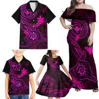 Hawaii Family Matching Off Shoulder Maxi Dress and Hawaiian Shirt Shaka Tattoo Mix Polynesian Plumeria Pink Version - Wonder Print Shop