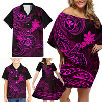 Hawaii Family Matching Off Shoulder Short Dress and Hawaiian Shirt Shaka Tattoo Mix Polynesian Plumeria Pink Version - Wonder Print Shop