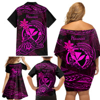 Hawaii Family Matching Off Shoulder Short Dress and Hawaiian Shirt Shaka Tattoo Mix Polynesian Plumeria Pink Version - Wonder Print Shop