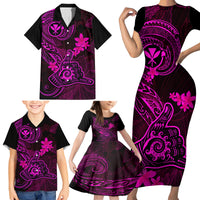 Hawaii Family Matching Short Sleeve Bodycon Dress and Hawaiian Shirt Shaka Tattoo Mix Polynesian Plumeria Pink Version - Wonder Print Shop
