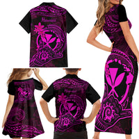 Hawaii Family Matching Short Sleeve Bodycon Dress and Hawaiian Shirt Shaka Tattoo Mix Polynesian Plumeria Pink Version - Wonder Print Shop
