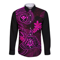 Hawaii Long Sleeve Button Shirt Shaka Tattoo Mix Polynesian Plumeria Pink Version - Wonder Print Shop