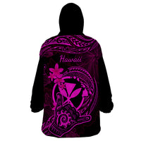 Hawaii Wearable Blanket Hoodie Shaka Tattoo Mix Polynesian Plumeria Pink Version - Wonder Print Shop
