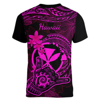 Hawaii Women V Neck T Shirt Shaka Tattoo Mix Polynesian Plumeria Pink Version - Wonder Print Shop