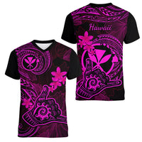 Hawaii Women V Neck T Shirt Shaka Tattoo Mix Polynesian Plumeria Pink Version - Wonder Print Shop