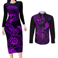Hawaii Couples Matching Long Sleeve Bodycon Dress and Long Sleeve Button Shirts Shaka Tattoo Mix Polynesian Plumeria Purple Version - Wonder Print Shop