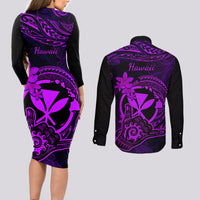 Hawaii Couples Matching Long Sleeve Bodycon Dress and Long Sleeve Button Shirts Shaka Tattoo Mix Polynesian Plumeria Purple Version - Wonder Print Shop