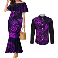 hawaii-couples-matching-mermaid-dress-and-long-sleeve-button-shirts-shaka-tattoo-mix-polynesian-plumeria-purple-version