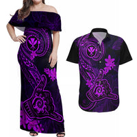 Hawaii Couples Matching Off Shoulder Maxi Dress and Hawaiian Shirt Shaka Tattoo Mix Polynesian Plumeria Purple Version - Wonder Print Shop