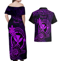 Hawaii Couples Matching Off Shoulder Maxi Dress and Hawaiian Shirt Shaka Tattoo Mix Polynesian Plumeria Purple Version - Wonder Print Shop