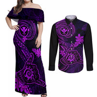 Hawaii Couples Matching Off Shoulder Maxi Dress and Long Sleeve Button Shirts Shaka Tattoo Mix Polynesian Plumeria Purple Version - Wonder Print Shop