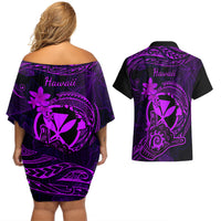 Hawaii Couples Matching Off Shoulder Short Dress and Hawaiian Shirt Shaka Tattoo Mix Polynesian Plumeria Purple Version - Wonder Print Shop