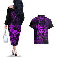 Hawaii Couples Matching Off The Shoulder Long Sleeve Dress and Hawaiian Shirt Shaka Tattoo Mix Polynesian Plumeria Purple Version - Wonder Print Shop