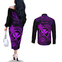 hawaii-couples-matching-off-the-shoulder-long-sleeve-dress-and-long-sleeve-button-shirts-shaka-tattoo-mix-polynesian-plumeria-purple-version