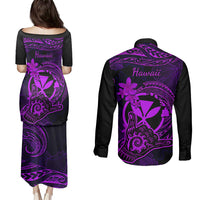 Hawaii Couples Matching Puletasi Dress and Long Sleeve Button Shirts Shaka Tattoo Mix Polynesian Plumeria Purple Version - Wonder Print Shop