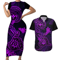 Hawaii Couples Matching Short Sleeve Bodycon Dress and Hawaiian Shirt Shaka Tattoo Mix Polynesian Plumeria Purple Version - Wonder Print Shop