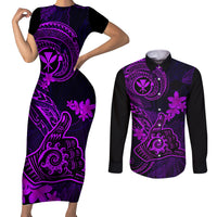 Hawaii Couples Matching Short Sleeve Bodycon Dress and Long Sleeve Button Shirts Shaka Tattoo Mix Polynesian Plumeria Purple Version - Wonder Print Shop