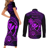 Hawaii Couples Matching Short Sleeve Bodycon Dress and Long Sleeve Button Shirts Shaka Tattoo Mix Polynesian Plumeria Purple Version - Wonder Print Shop