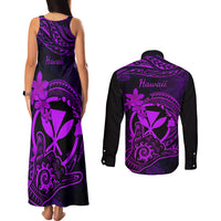 Hawaii Couples Matching Tank Maxi Dress and Long Sleeve Button Shirts Shaka Tattoo Mix Polynesian Plumeria Purple Version - Wonder Print Shop
