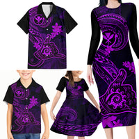 Hawaii Family Matching Long Sleeve Bodycon Dress and Hawaiian Shirt Shaka Tattoo Mix Polynesian Plumeria Purple Version - Wonder Print Shop
