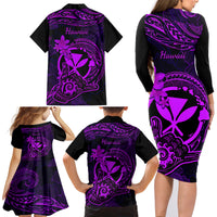 Hawaii Family Matching Long Sleeve Bodycon Dress and Hawaiian Shirt Shaka Tattoo Mix Polynesian Plumeria Purple Version - Wonder Print Shop