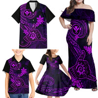 Hawaii Family Matching Off Shoulder Maxi Dress and Hawaiian Shirt Shaka Tattoo Mix Polynesian Plumeria Purple Version - Wonder Print Shop