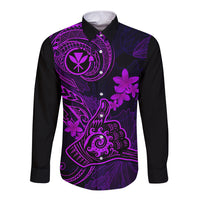 Hawaii Long Sleeve Button Shirt Shaka Tattoo Mix Polynesian Plumeria Purple Version - Wonder Print Shop