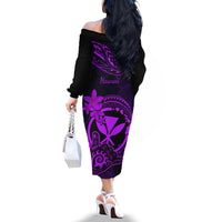 Hawaii Off The Shoulder Long Sleeve Dress Shaka Tattoo Mix Polynesian Plumeria Purple Version - Wonder Print Shop