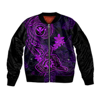 Hawaii Sleeve Zip Bomber Jacket Shaka Tattoo Mix Polynesian Plumeria Purple Version - Wonder Print Shop