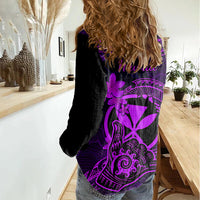 Hawaii Women Casual Shirt Shaka Tattoo Mix Polynesian Plumeria Purple Version - Wonder Print Shop