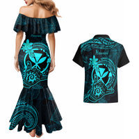 Hawaii Couples Matching Mermaid Dress and Hawaiian Shirt Shaka Tattoo Mix Polynesian Plumeria Turquoise Version - Wonder Print Shop