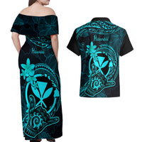 Hawaii Couples Matching Off Shoulder Maxi Dress and Hawaiian Shirt Shaka Tattoo Mix Polynesian Plumeria Turquoise Version - Wonder Print Shop
